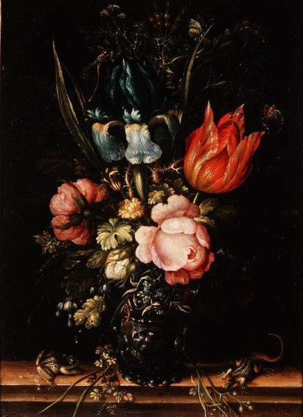 Uma Natureza Morta de Rosas, Túlipas e outras Flores de Roelandt Jacobsz. Savery