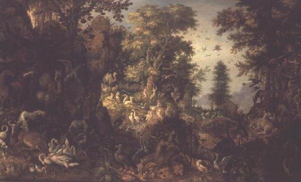 Adão e Eva no Jardim do Éden de Roelandt Jacobsz. Savery