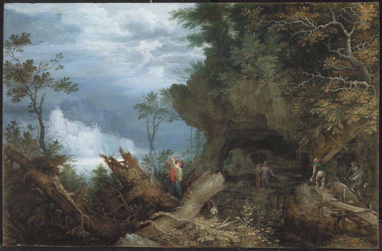 Paisagem montanhosa com entrada para uma mina, c.1612-13 (óleo sobre painel de faia) de Roelandt Jacobsz. Savery