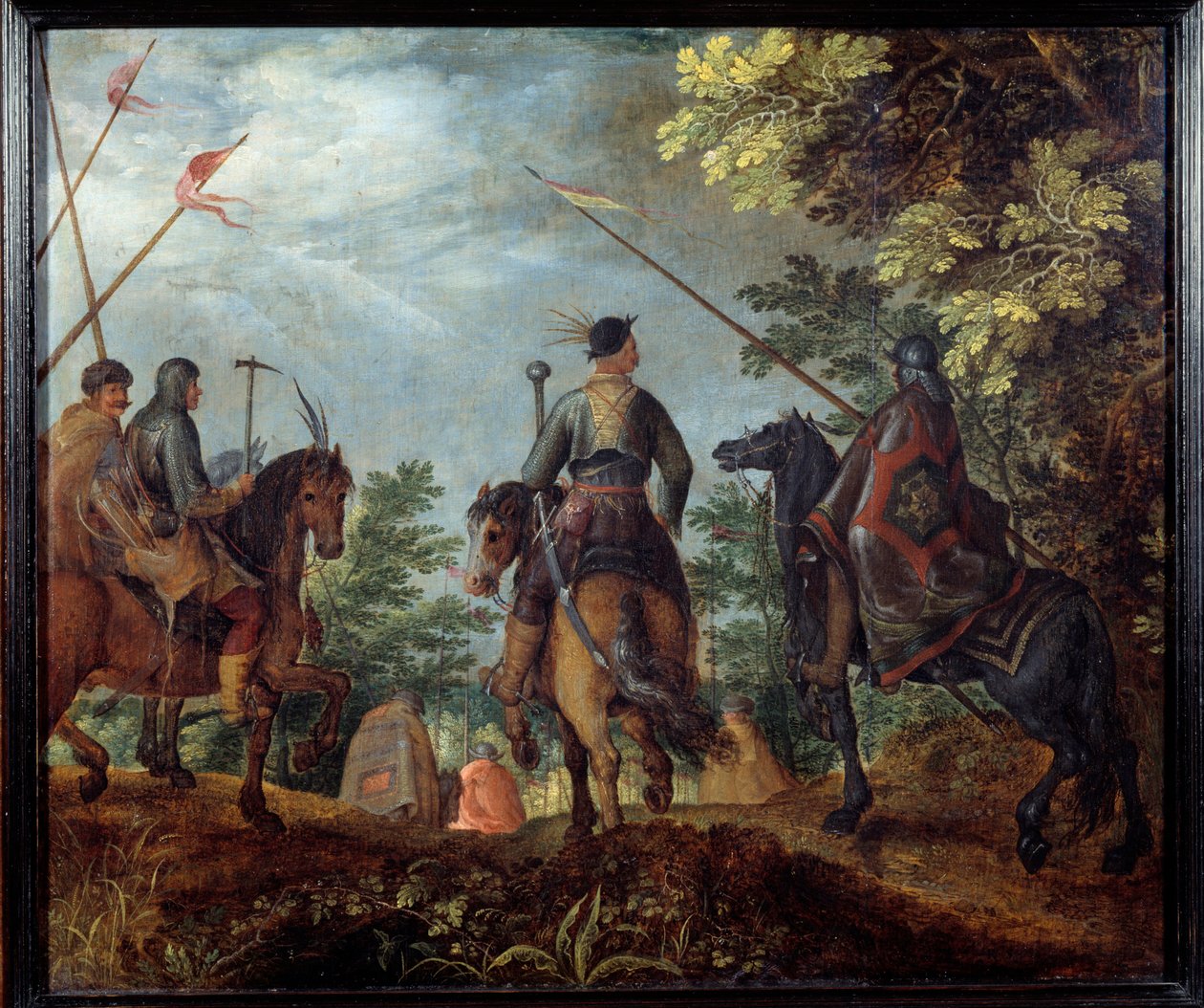 Os cavaleiros polacos andam num bosque. Pintura por Roelant (Roelandt) Savery (1576-1639) de Roelandt Jacobsz. Savery