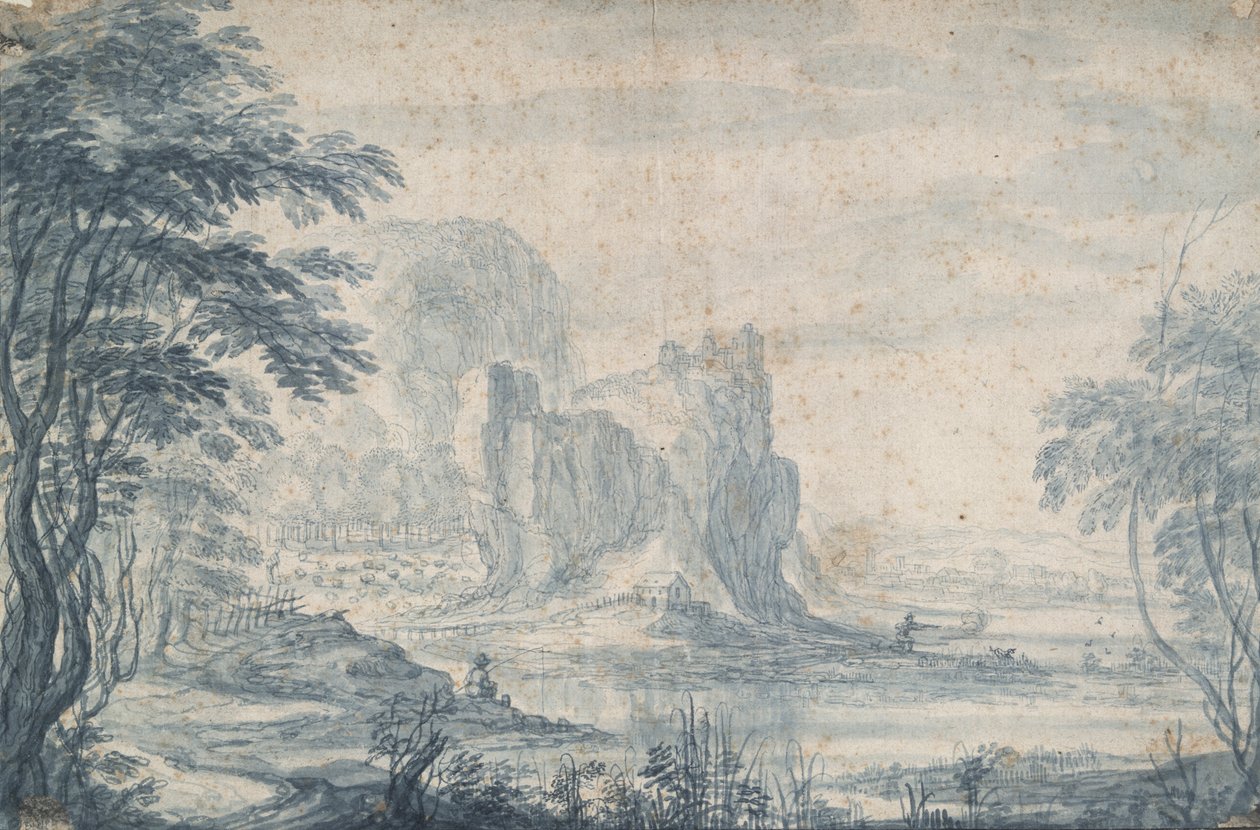 Paisagem com pescador e caçador de patos de Roelandt Savery
