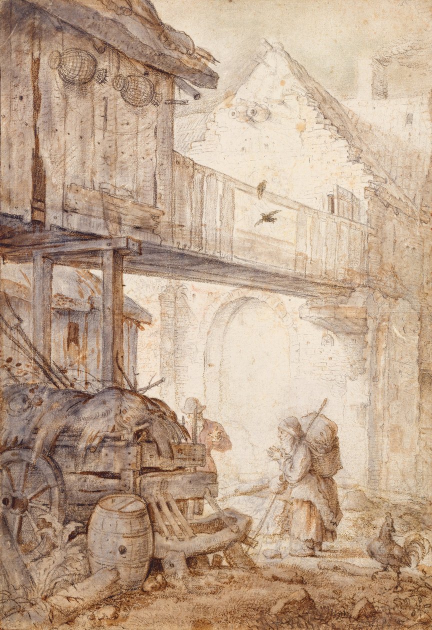 Pátio abandonado com uma mulher mendigo, c. 1608 de Roelant Saverij