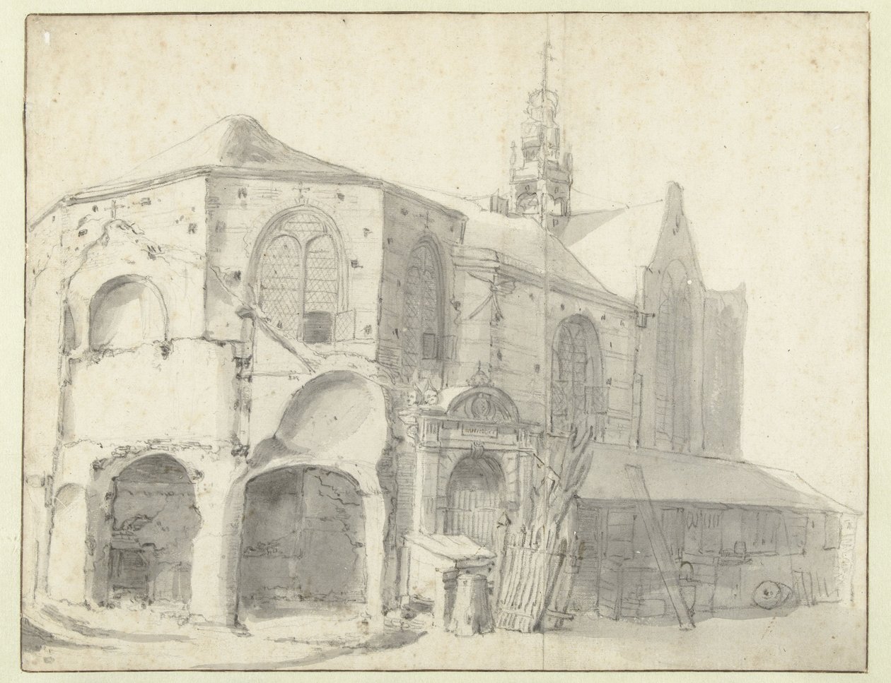 Vista do Jeruzalemkapel e do Sint Olofskapel, Amsterdão de Roelant Roghman (attributed to)
