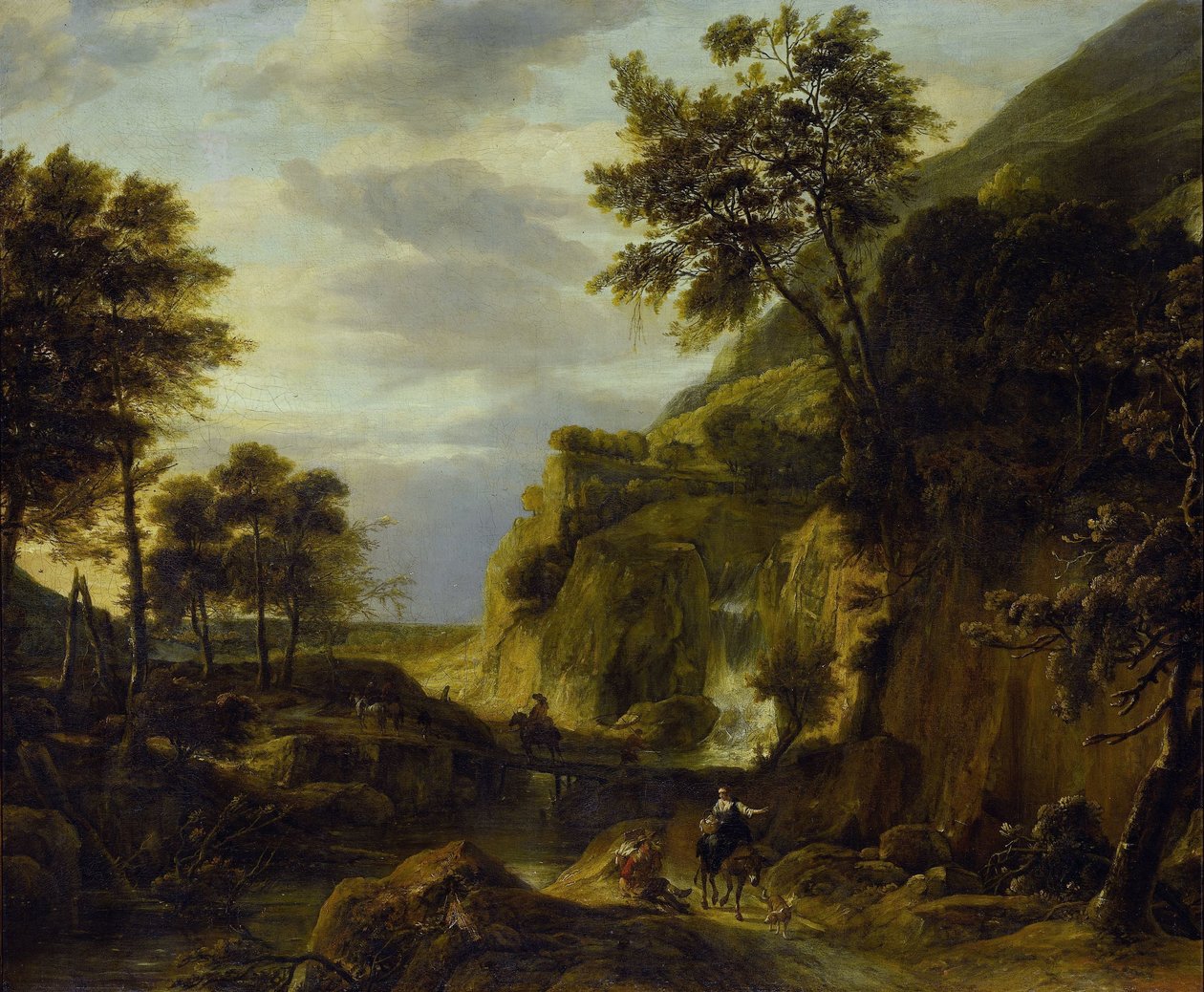 Paisagem montanhosa com cachoeira de Roelant Roghman