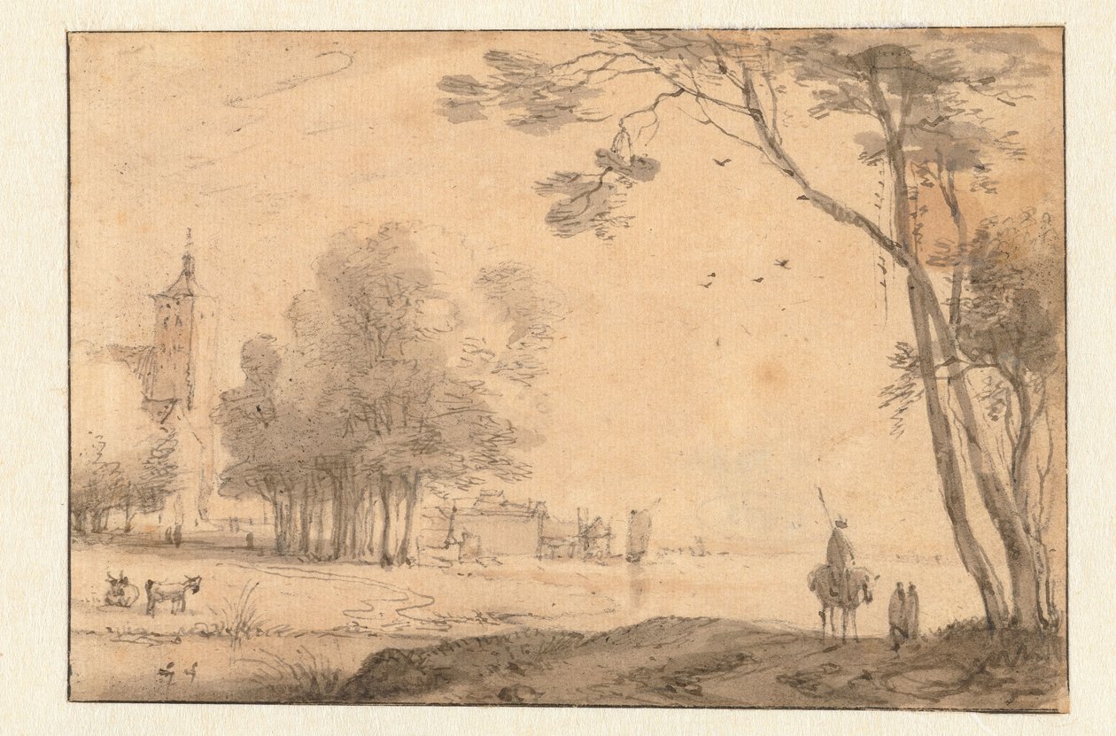 Vista de uma cidade perto de um rio de Roelant Roghman