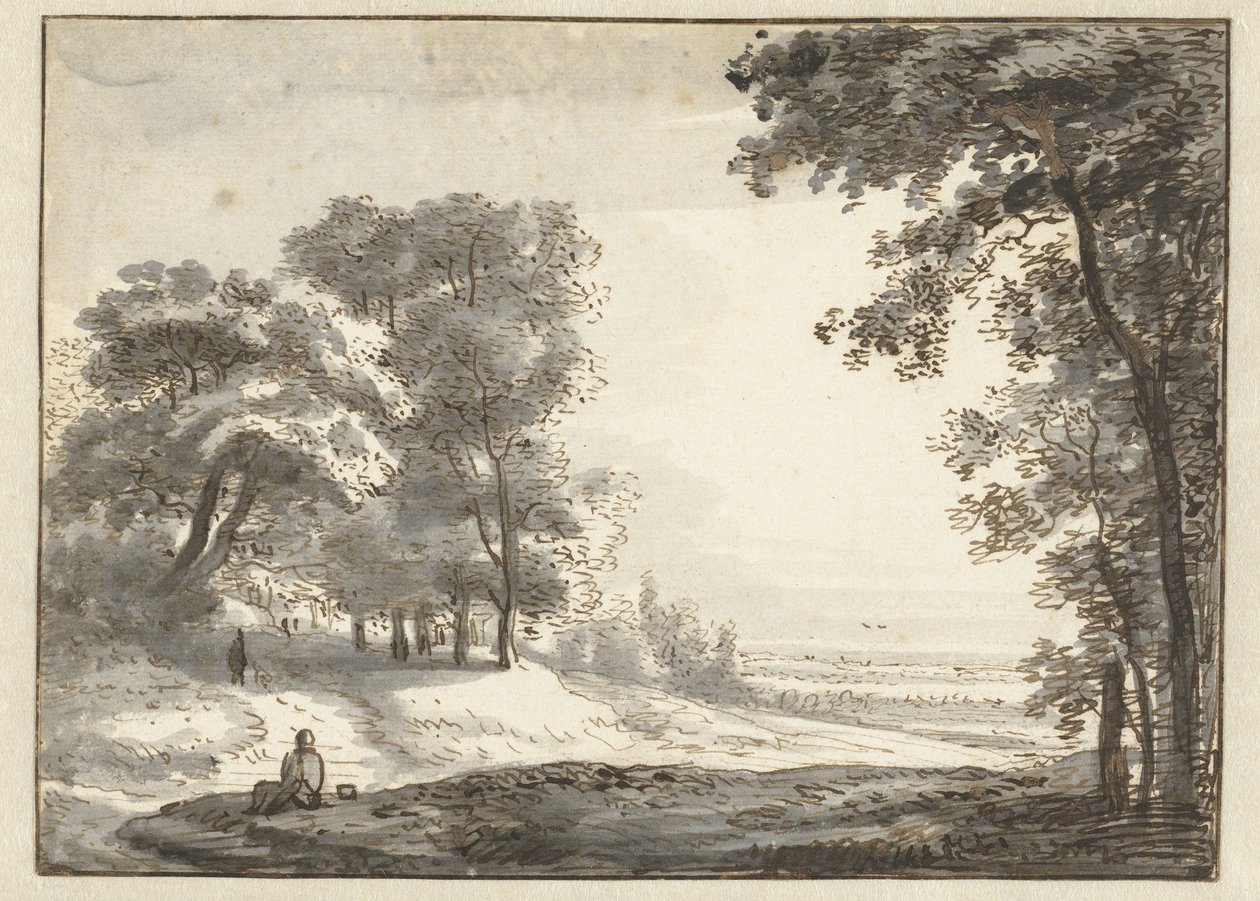 Paisagem arborizada com um Viajante em repouso de Roelant Roghman