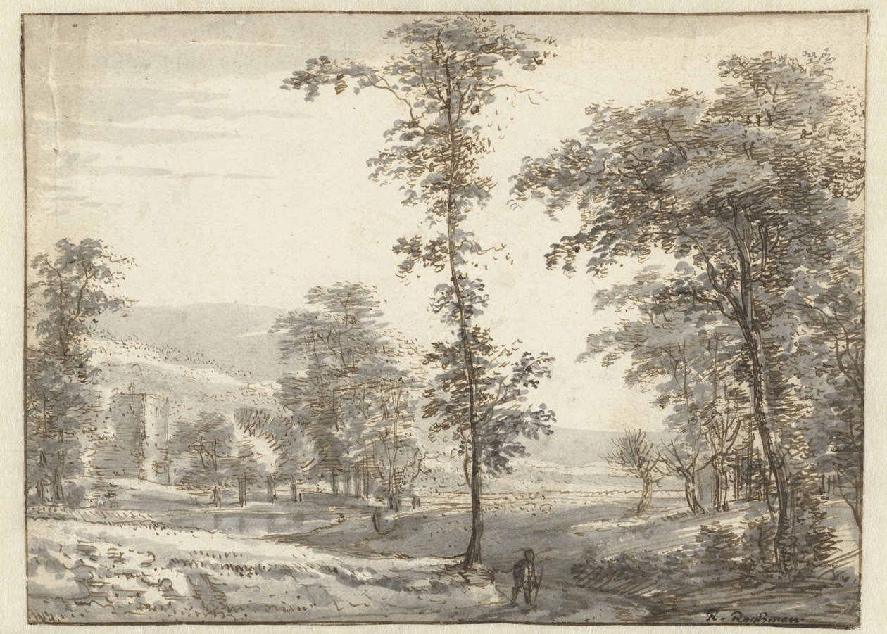 Paisagem arborizada com um Viajante num Caminho de Roelant Roghman