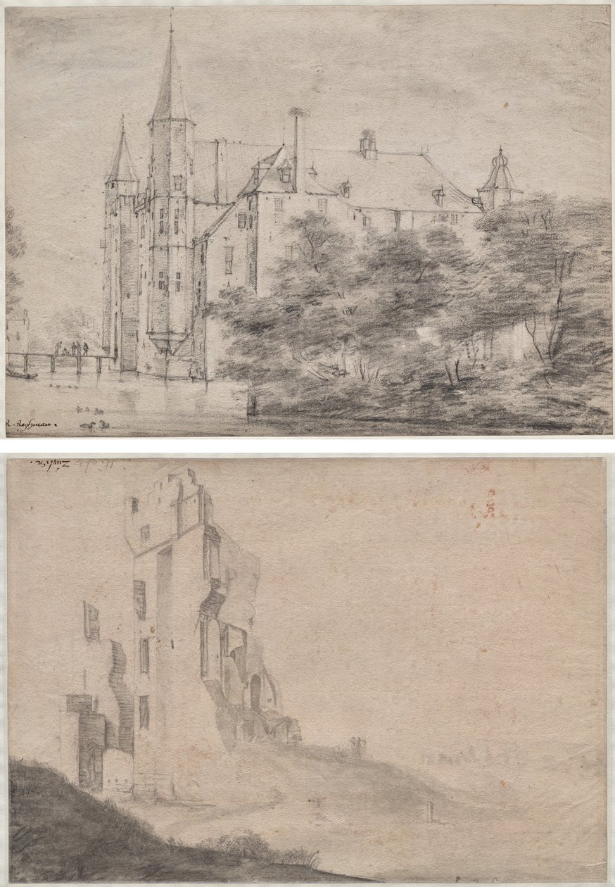 Castelo de Zuylen perto de Utrecht (recto)/Ruin da casa Ter Kleef perto de Haarlem (verso) de Roelant Roghman