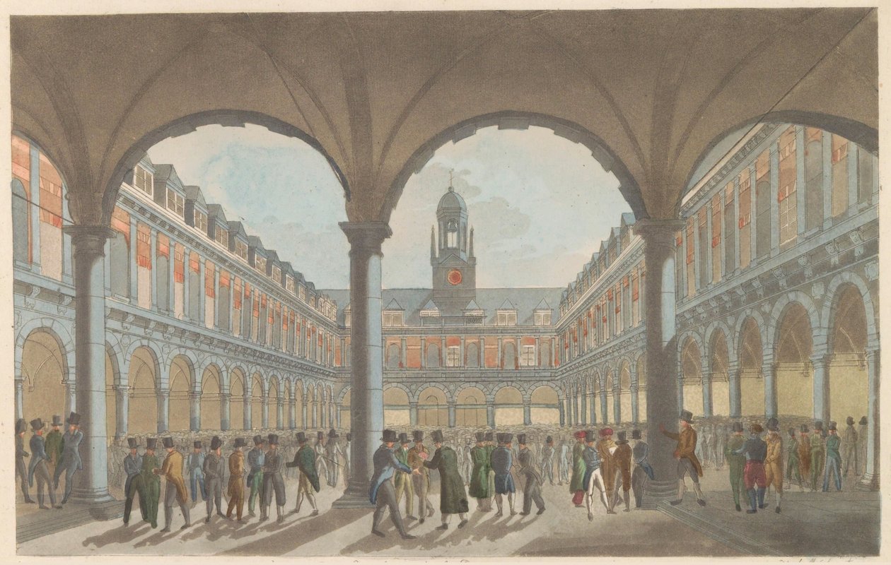 Bolsa de valores em Amsterdã, cerca de 1825 The Stock Exchange in Amsterdam / La Bourse à Amsterdam (título no objeto) de Roelof van der Meulen