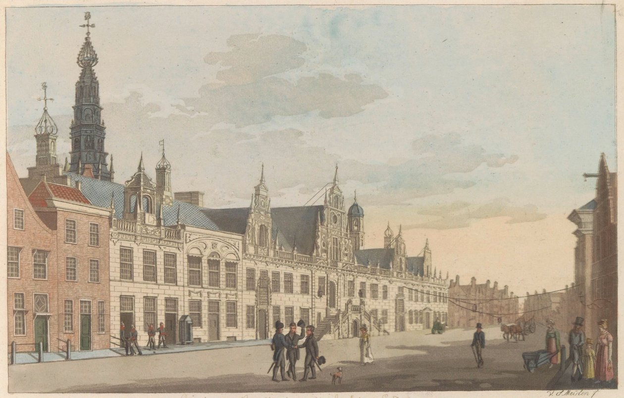 Breestraat em Leiden, cerca de 1825 Vista sobre o Breestraat e a Câmara Municipal em Leyden / Vue Sur la rue dite Breestraat et l