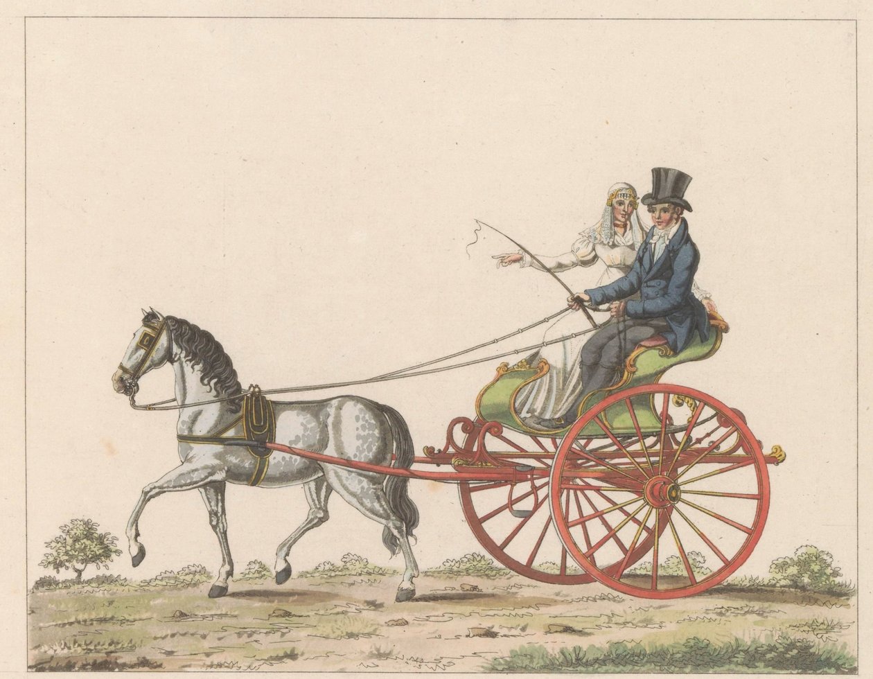 Hollandse sjees, ca. 1825 Een Hollandsche chais / Uma cadeira de rodas em uso na Holanda e conhecida como chais ou chees (título no objeto) de Roelof van der Meulen