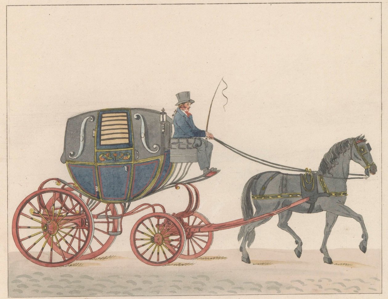 Carruagem puxada por cavalos em Amsterdã, cerca de 1825 An Amsterdamsche Huurkoetsje ou Ciclomotor / Un Fiacre de Louage en usage à Amsterdam A ij connu sous la nom de Brommertje (título no objeto) de Roelof van der Meulen