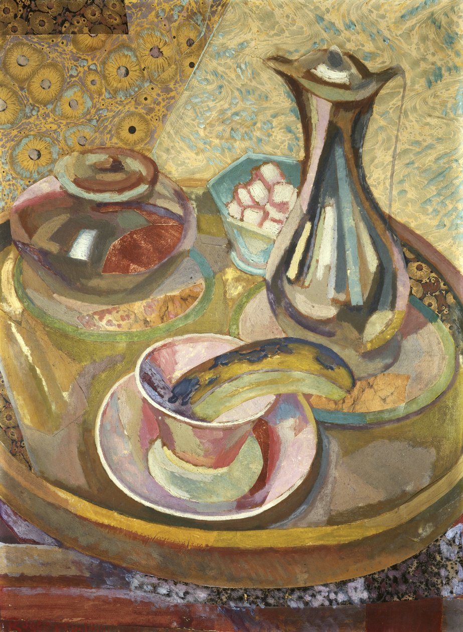 Still Life com Coffee Pot, 1915 (colagem, guache, óleo sobre papelão) de Roger Eliot Fry