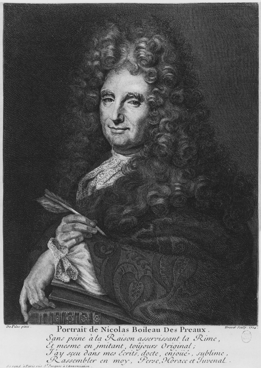 Retrato de Nicolas Boileau, conhecido como Boileau-Despreaux, gravado por Pierre Drevet (1663-38) 1704 de Roger de Piles