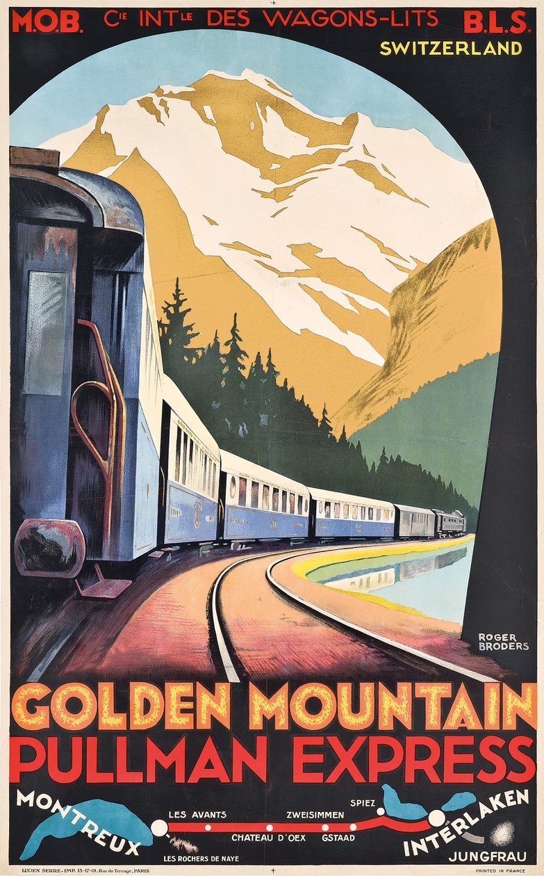 Um cartaz da Compagnie Internationale des Wagons-Lits a publicitar o Golden Mountain Pullman Express, c.1930 (litografia a cores) de Roger Broders