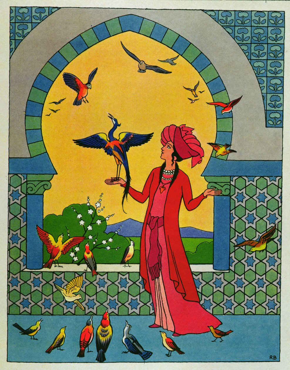 A princesa que consulta o pássaro Bulbulhezar, ilustração para "As duas irmãs ciumentas", de "As noites da Arábia de Roger Broders