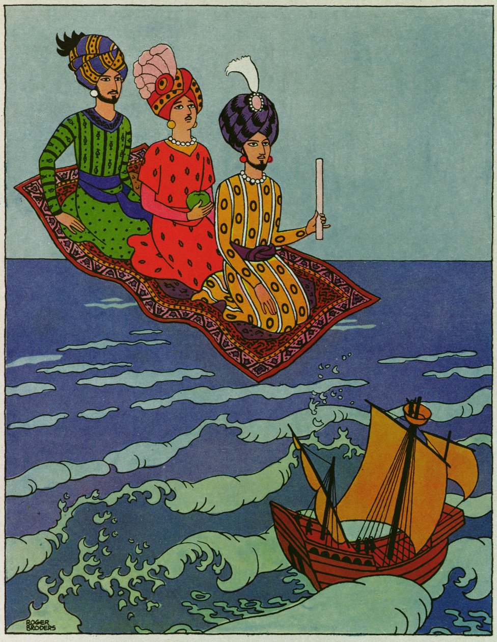 Foram transportados rapidamente, ilustração para "O Príncipe Ahmed e a Fada Pari Banou", de "As Noites da Arábia de Roger Broders