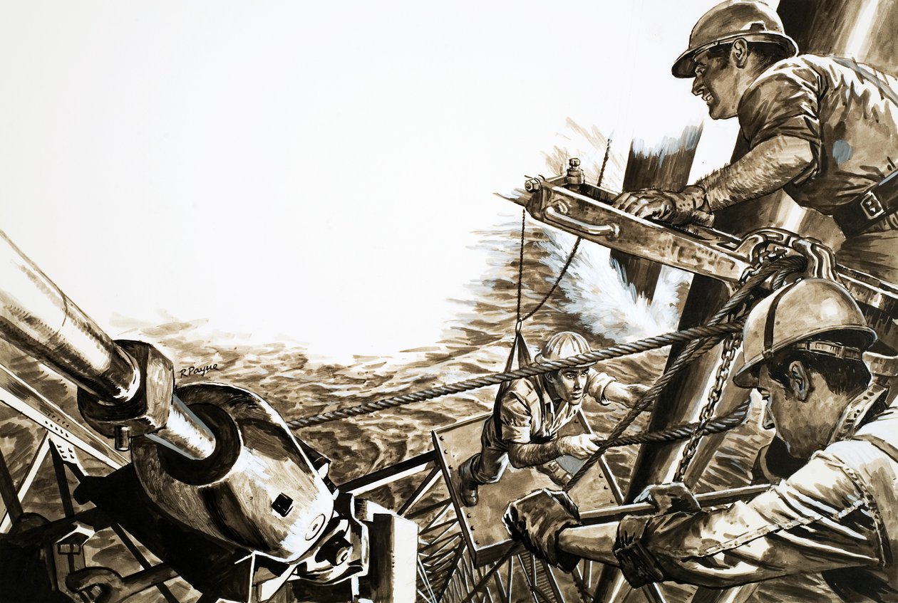 Homens do petróleo numa plataforma no Mar do Norte (guache sobre papel) de Roger Payne