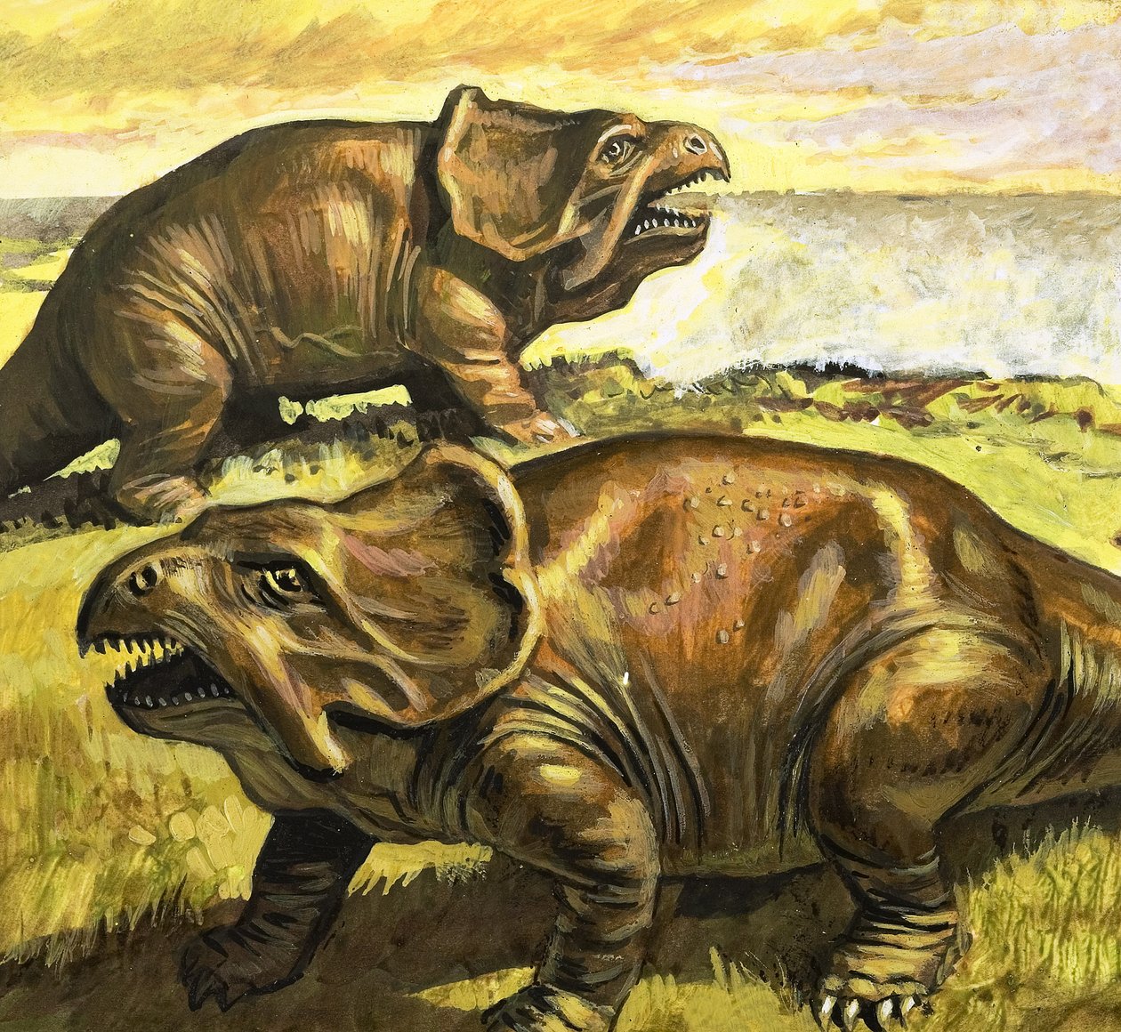 Protoceratops, ilustração de "In the Days of the Dinosaurs, Discovery in the Desert" (Nos dias dos dinossauros, descoberta no deserto) de Roger Payne