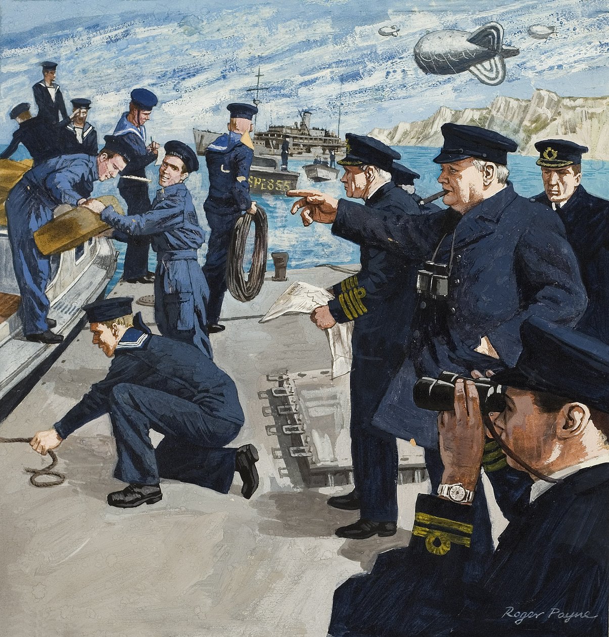 Winston Churchill (1874-1965) em Cena Naval (guache sobre papel) de Roger Payne