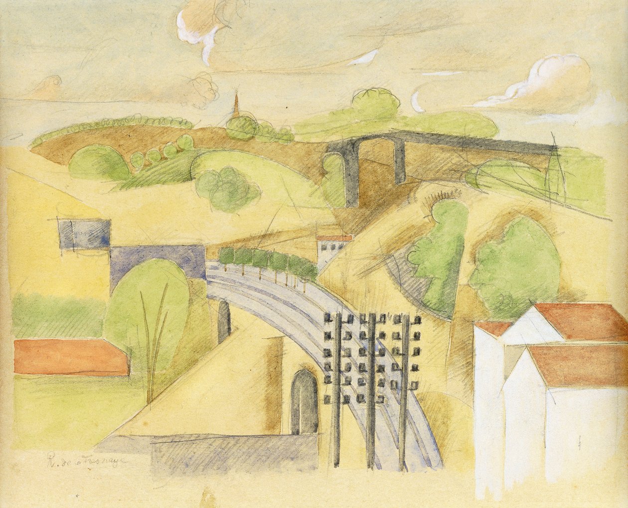 Estudo para o viaduto Meulan; Estudo para o viaduto de Meulan, 1912 de Roger de La Fresnaye
