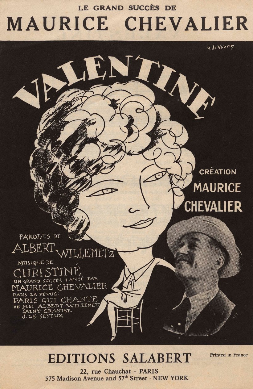 Capa da partitura do grande êxito de Maurice Chevalier "Valentine" letra de Albert Willemetz música de Christine editions Salabert, c.1925 (impressão) de Roger de Valerio