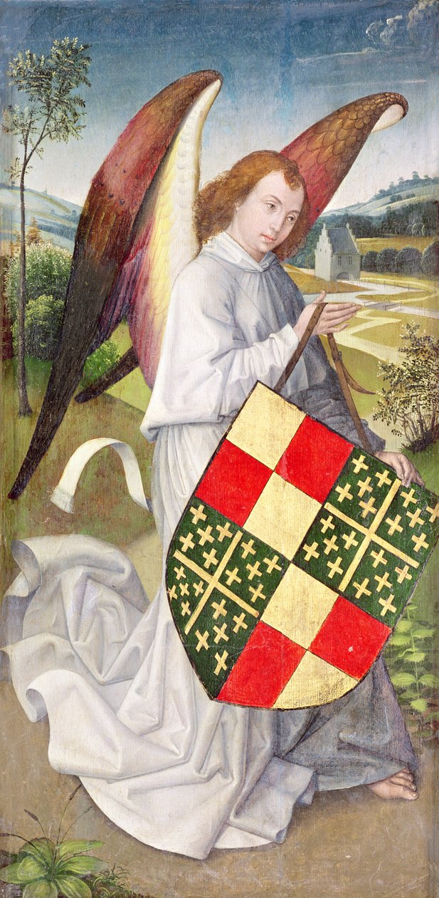 Anjo segurando um escudo estampado com os braços heráldicos dos braços de Chaugy e Montagu, 1460-66 de Rogier van der Weyden