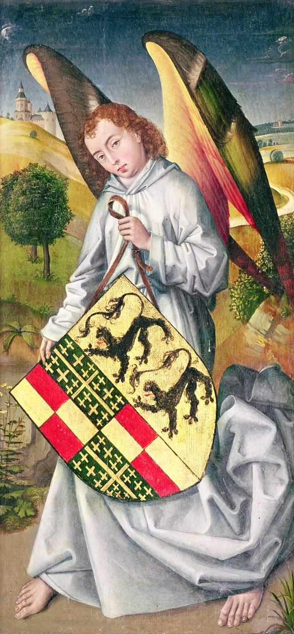 Anjo segurando um escudo com os braços heráldicos de famílias de Chaugy e Montagu com os dois leopardos da família de Jaucourt, 1460-66 de Rogier van der Weyden