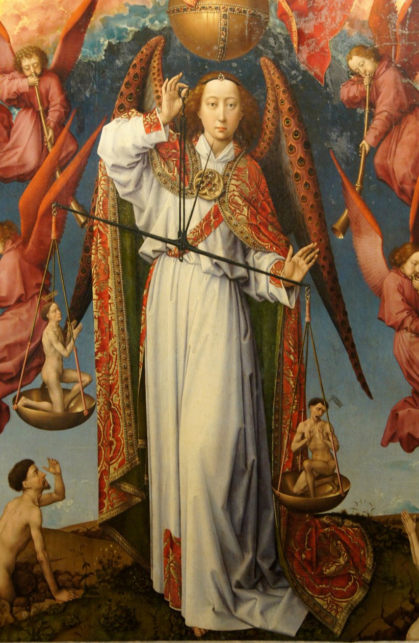 Close-up, de, arcanjo, são, michael, pesando, almas, altarpiece, de, a, último julgamento de Rogier van der Weyden