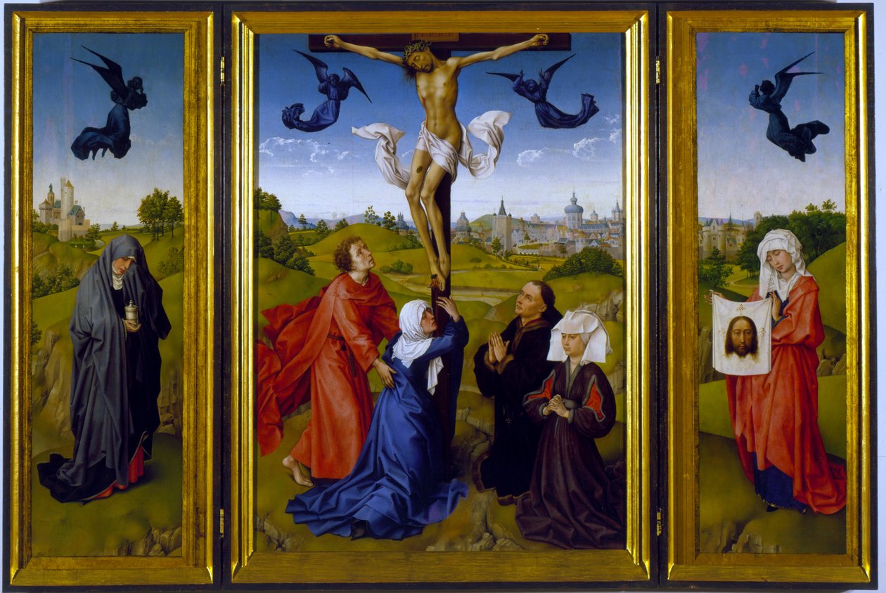 Tríptico da Crucificação com Santa Maria Madalena, Santa Verônica e Patronos Desconhecidos, c.1440-45 de Rogier van der Weyden