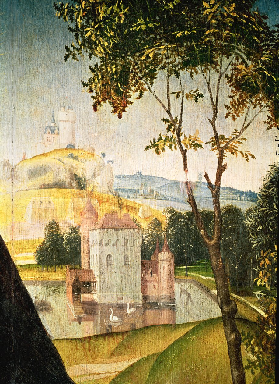 Paisagem com castelo em um fosso e dois cisnes, 1460-66 (detalhe de 344036) de Rogier van der Weyden