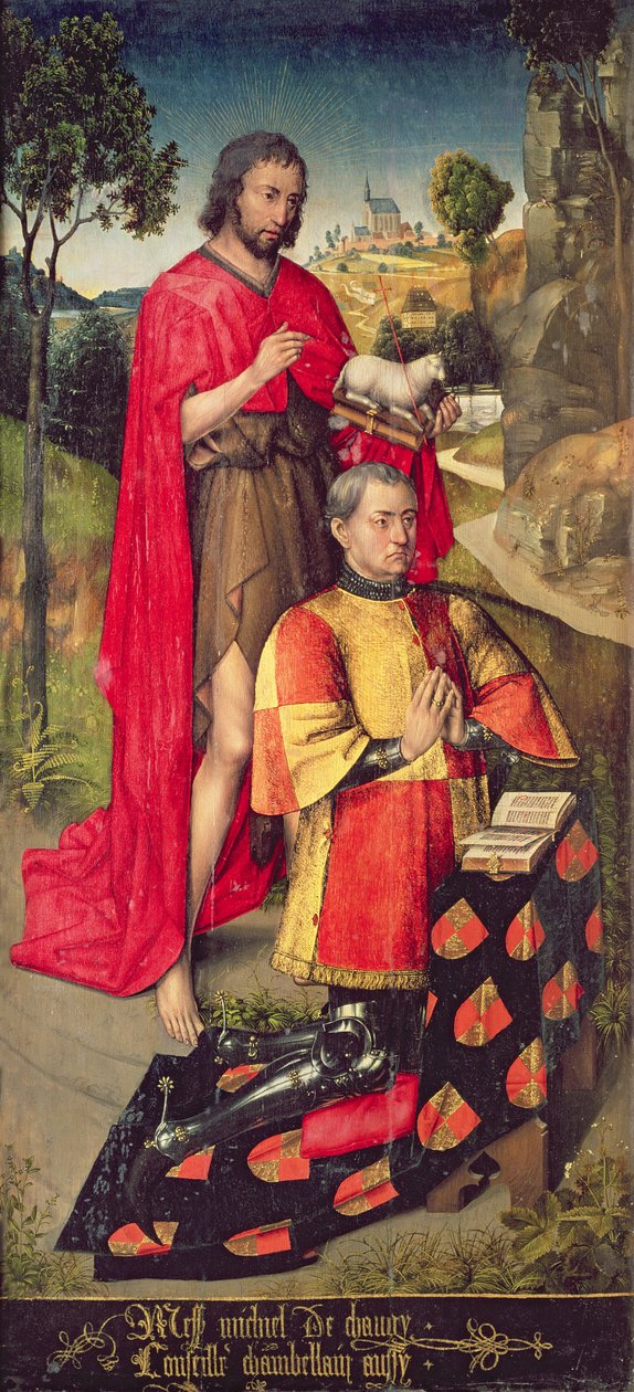 Painel esquerdo, do polyptych do altar principal, representando Jean de Chaugy, pai do doador do altar, 1460-66 de Rogier van der Weyden