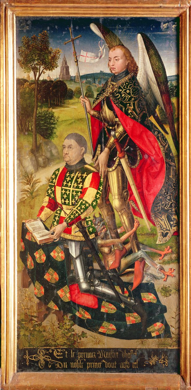 Painel direito, do políptico do altar-mor, representando o doador do retábulo, Michel de Chaugy, 1460-66 de Rogier van der Weyden