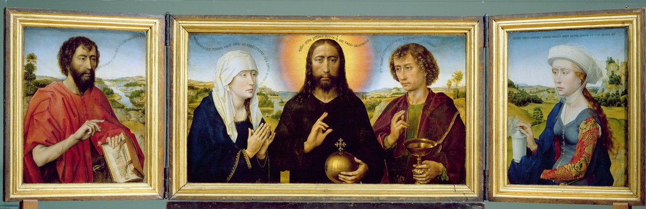 O Tríptico da Família Braque, São João Batista, o Cristo Redentor entre a Virgem e São João Evangelista, Santa Maria Madalena, c.1551 (óleo sobre painel de madeira) (ver também 15987, 205723, 223218) de Rogier van der Weyden