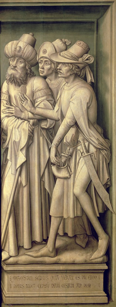 Três fariseus com a moeda de César, do tríptico da redenção de Rogier van der Weyden