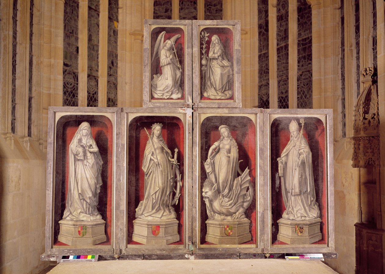 Vista dos painéis do retábulo fechado, representando a Anunciação e Santos, 1460-66 de Rogier van der Weyden