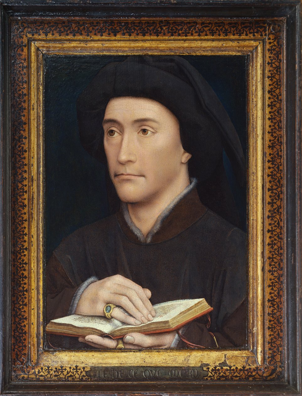 Retrato de um homem segurando um livro aberto (possivelmente bispo Guillaume Fillastre) pré 1437 (por verso ver 65800) de Rogier van der Weyden