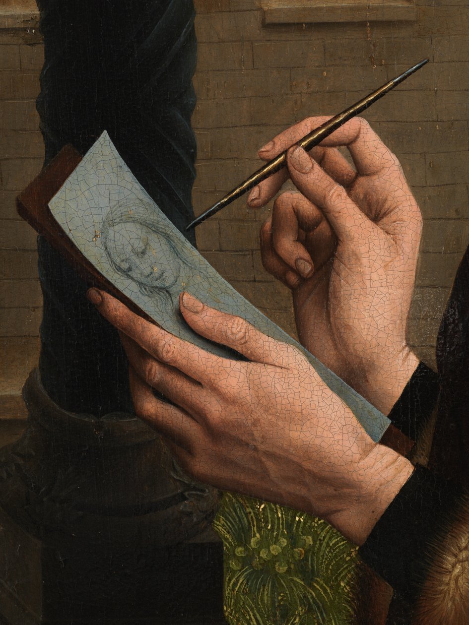 Detalhe de São Lucas desenhando o retrato da Virgem (óleo sobre painel) de Rogier van der (after) Weyden