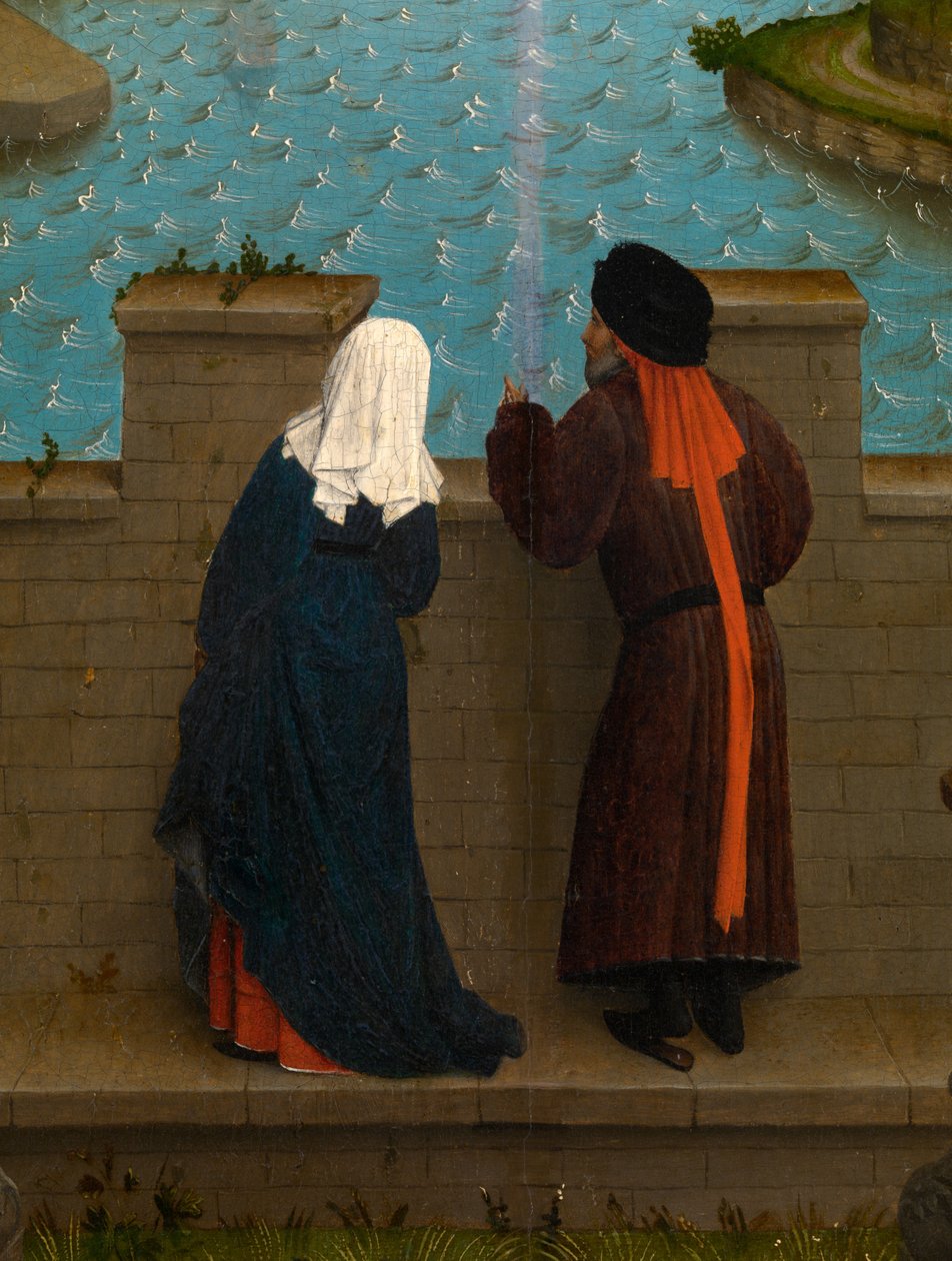 Detalhe de São Lucas desenhando o retrato da Virgem (óleo sobre painel) de Rogier van der (after) Weyden