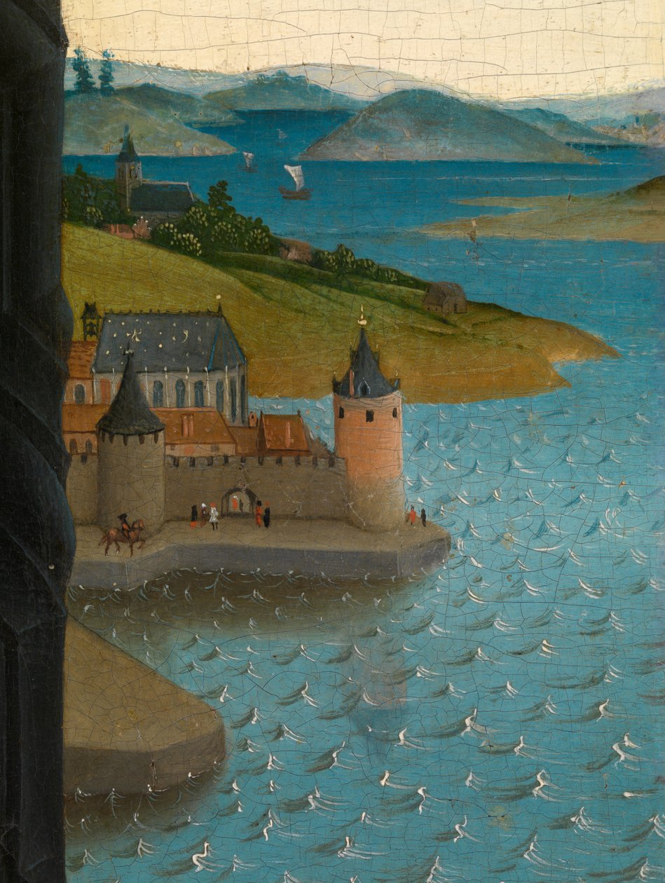 Detalhe de São Lucas desenhando o retrato da Virgem (óleo sobre painel) de Rogier van der (after) Weyden
