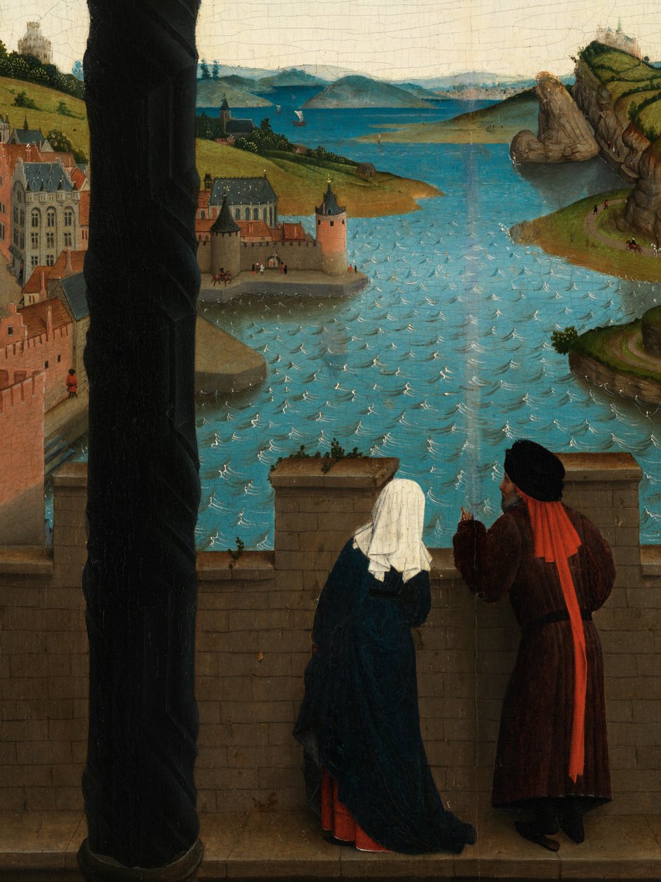 Detalhe de São Lucas desenhando o retrato da Virgem (óleo sobre painel) de Rogier van der (after) Weyden