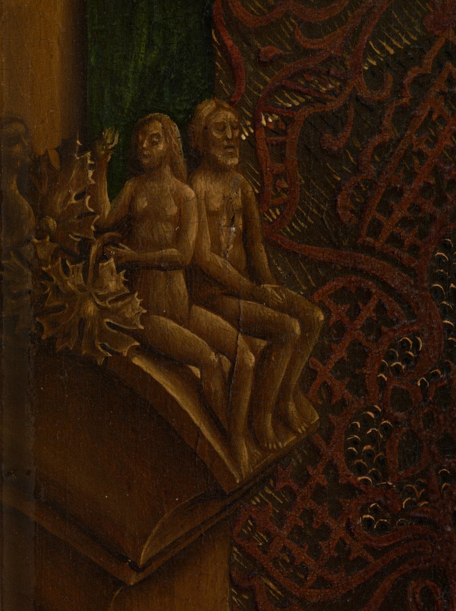 Detalhe de São Lucas desenhando o retrato da Virgem (óleo sobre painel) de Rogier van der (after) Weyden