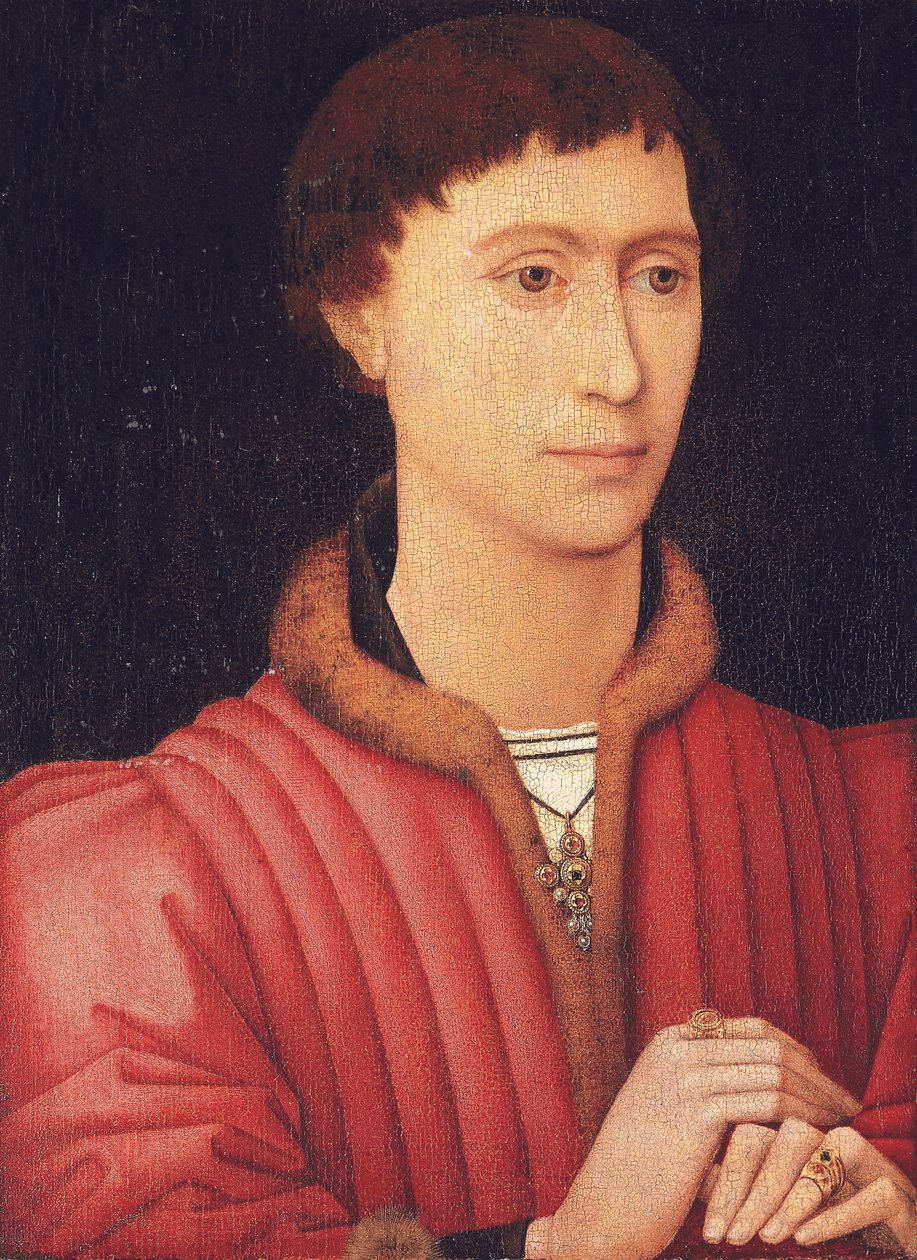 Retrato de um jovem, na altura do busto, em um gibão vermelho debruado de pele, c.1450-60 (óleo no painel) de Rogier van der (circle of) Weyden