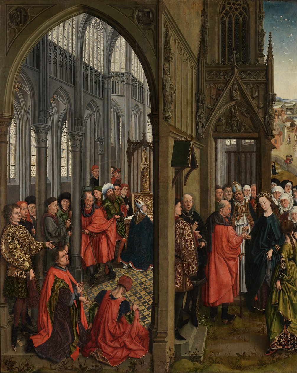 A Floração da Vara de José e o Betrotal da Virgem (óleo sobre painel) de Rogier van der (follower of) Weyden