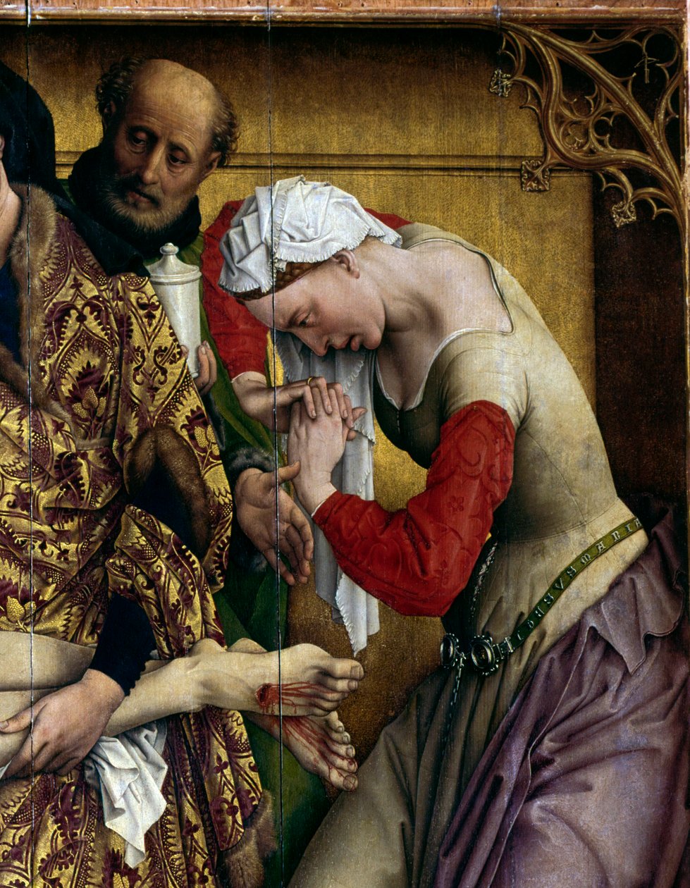 Deposição ou descida da cruz. Pormenor de Sainte Marie Madeleine. Rogier Altarpiece (Roger) Van Der Weyden (1400-1464) 1435 Dim. 2,20 x 0,35 m Madrid, Musee du Prado - A deposição ou descida da cruz. Pormenor de Santa Maria Madalena. Peça de Altar de Rogier van der Weyden