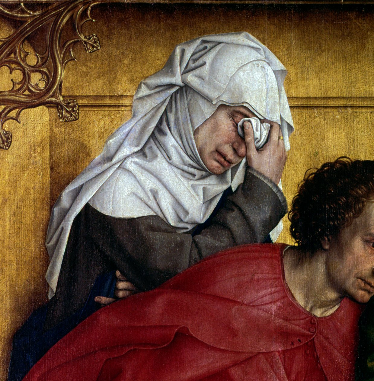 Deposição ou descida da cruz. Detalhe do personagem em lágrimas. Rogier Altarpiece (Roger) Van Der Weyden (1400-1464) 1435 Dim. 2,20 x 0,35 m Madrid, Musee du Prado - A deposição ou descida da cruz. Detalhe dos personagens de luto. Altarpi de Rogier van der Weyden