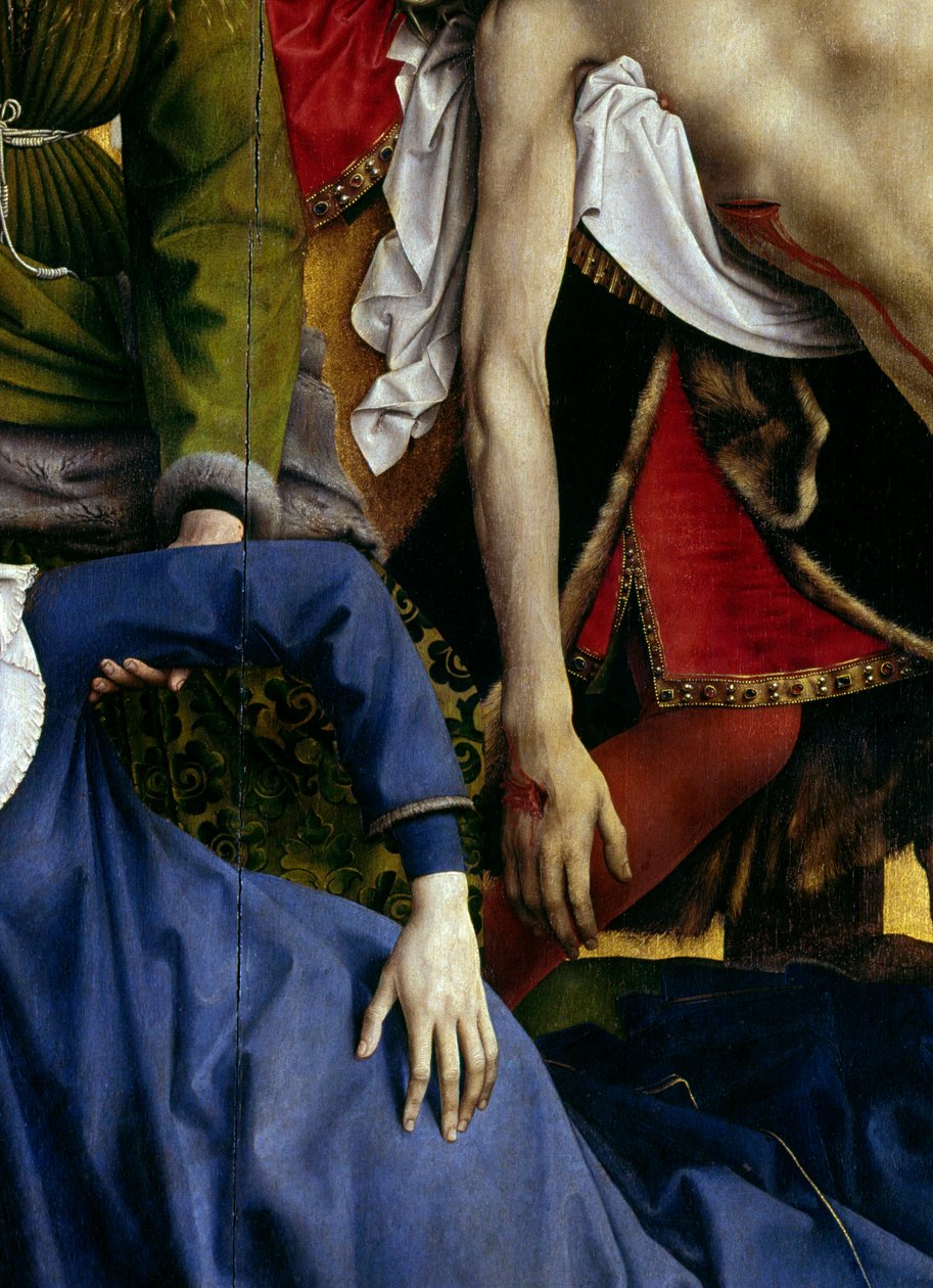 Deposição ou descida da cruz. Detalhe da mão da virgem desaparecida e da mão de Cristo. Rogier Altarpiece (Roger) Van Der Weyden (1400-1464) 1435 Dim. 2,20 x 0,35 m Madrid, Museu do Prado de Rogier van der Weyden