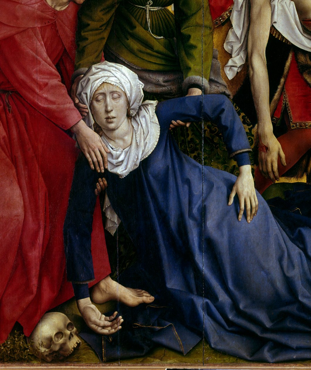 Deposição ou descida da cruz. Detalhe da virgem desaparecida. Rogier Altarpiece (Roger) Van Der Weyden (1400-1464) 1435 Dim. 2,20 x 0,35 m Madrid, Musee du Prado - A deposição ou descida da cruz. Detalhe do Desmaio da Virgem. Altarpiece por de Rogier van der Weyden