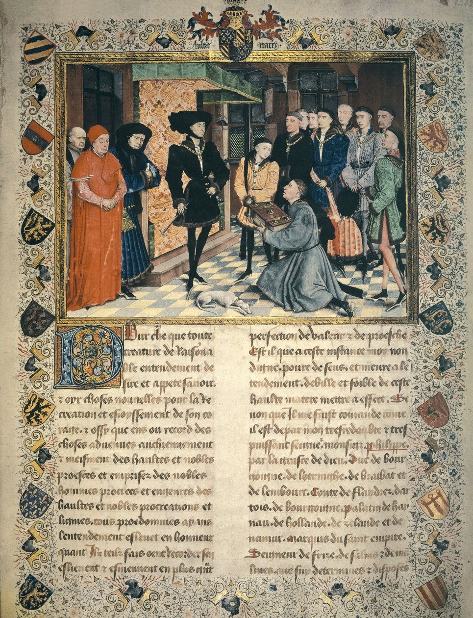 Jean Wauquelin (falecido em 1452) apresenta a tradução das crónicas de Hainaut a Filipe III de Borgonha de Rogier van der Weyden