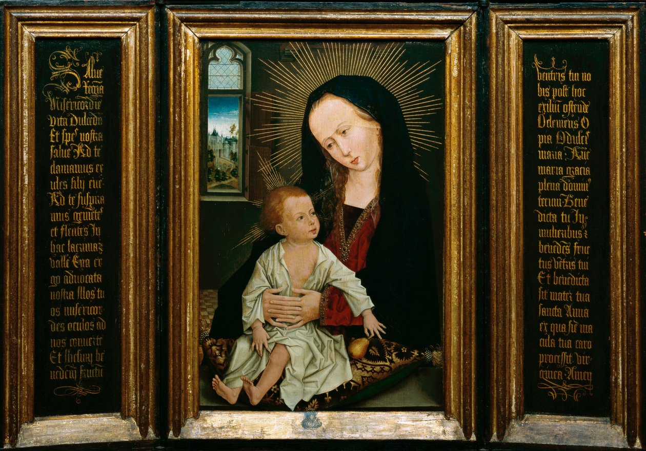Salve Regina (Salve, ó Rainha, oração católica), representação da Virgem e do Menino segurando uma pêra (óleo sobre madeira) de Rogier van der Weyden